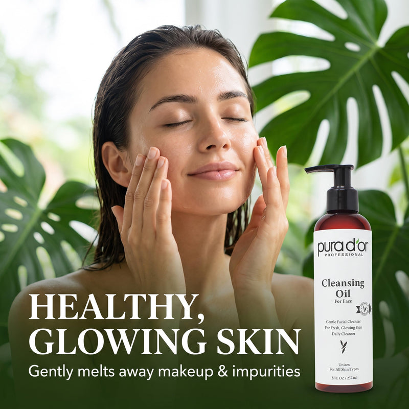 PURA D'OR Facial Cleansing Oil (8 Oz x2 = 16 Oz) Nourishing Botanical Blend with & Vitamin, Jojoba and Sunflower Oil - Gentle Makeup Remover & Deep Cleanser For Healthy, Glowing Skin - Paraben-Free 8 Fl Oz (Pack of 2)