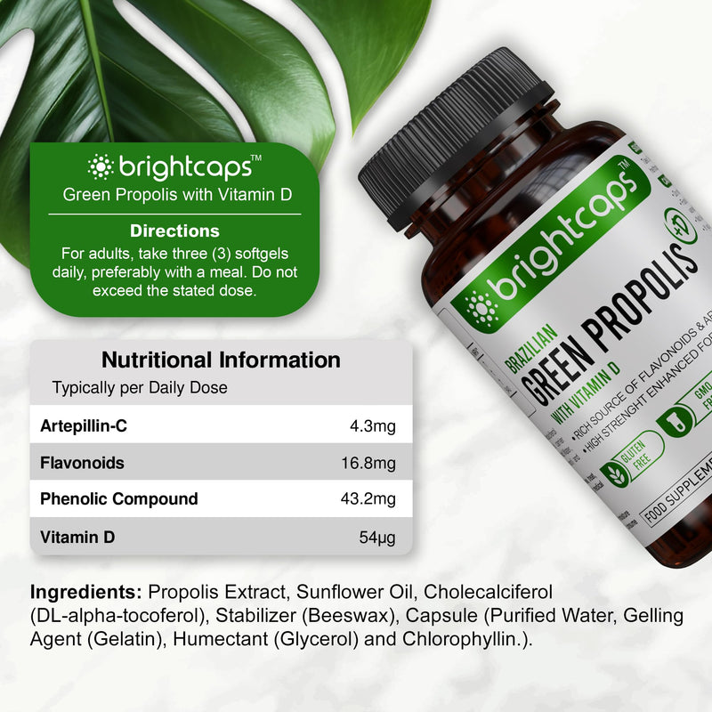 Bee Health Propolis | Brazilian Green Propolis | 87% Dry Extract | Immune System Booster | High Artepillin C | 43.2mg Phenolic Compound & 16.8mg Flavonoids | 54µg Vitamin D