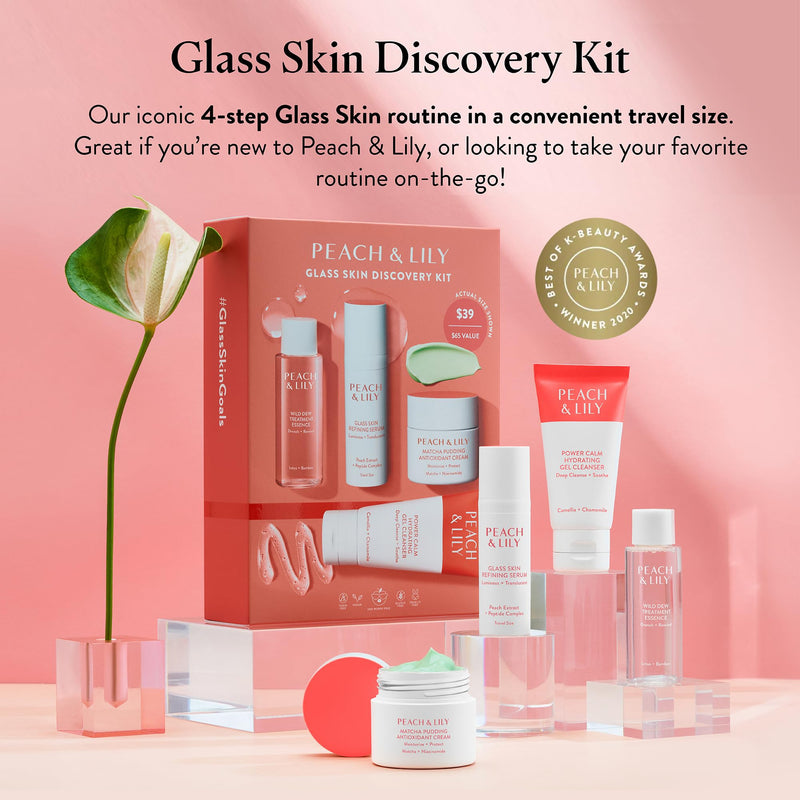 [Australia] - Peach & Lily - Glass Skin Discovery Kit (4 Products) - 1 Cleanser, 1 Essence, 1 Serum & 1 Cream - Skin Care Set - Acne Routine - Travel Essentials - Self Care - Vegan & Cruelty Free - Korean Beauty 