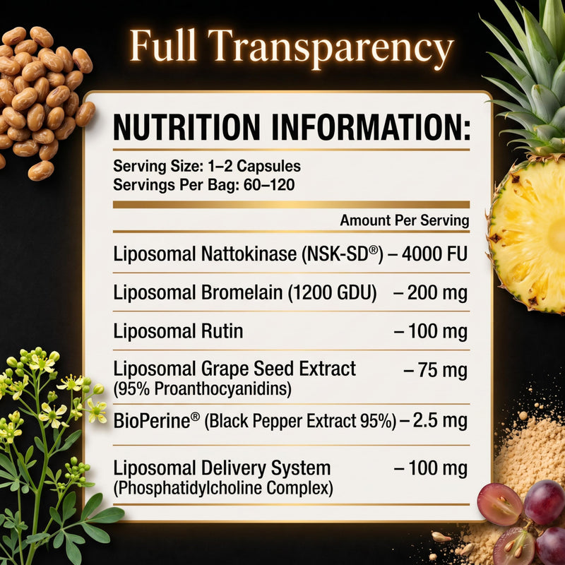 Puretrex Liposomal Nattokinase 4000FU Bromelain Capsules, UK Made, 120 Enteric Coated Capsules with Rutin and Grape Seed Extract for Advanced Circulation and Cardiovascular Support, Vegan
