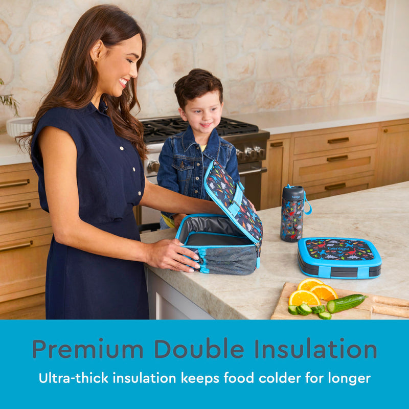 [Australia] - Bentgo® Kids Lunch Bag - Durable, Double-Insulated Lunch Bag for Kids 3+; Holds Lunch Box, Water Bottle, & Snacks; Easy-Clean Water-Resistant Fabric & Multiple Zippered Pockets (Dinosaur) Dinosaur 