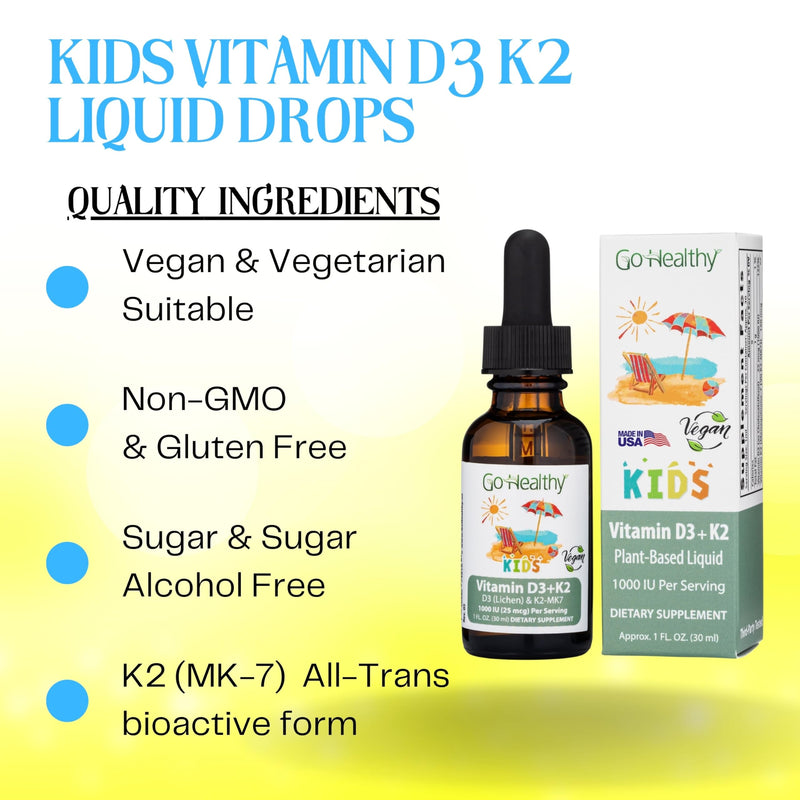 [Australia] - Go Healthy Kids Vitamins D3 K2 (MK-7), Child Vitamin D, Liquid Vegan D3 K2 Drops for Kids, Sugar-Free, Easy-to-Absorb, Children's Growth & Immune Support, Vanilla Flavor - 30 Servings 