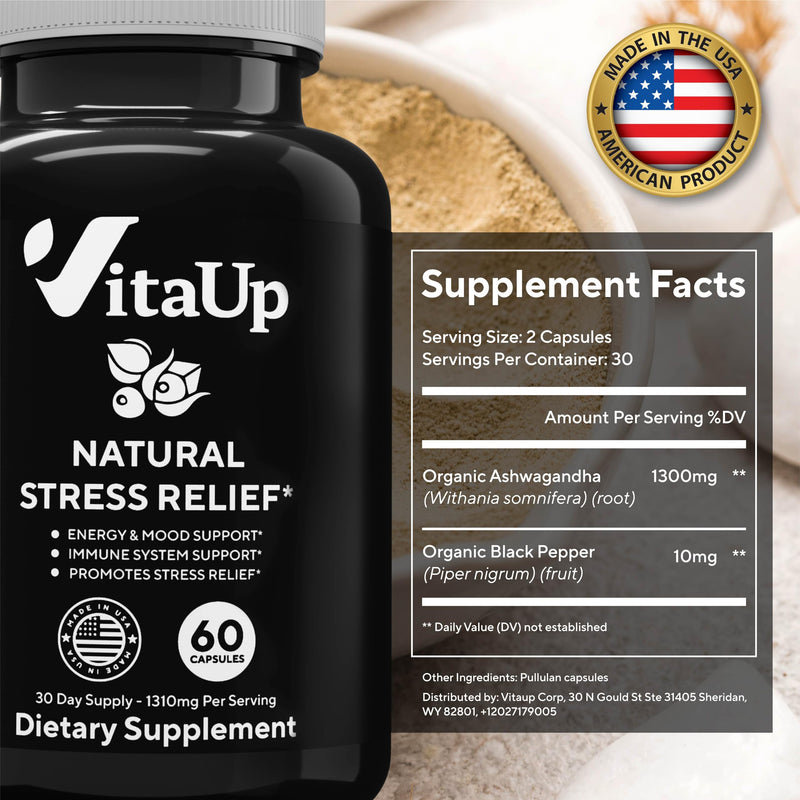 [Australia] - Organic Ashwagandha Capsules 1310mg - USA Made Organic Ashwagandha Supplements with Black Pepper - Energy & Immune Support - Natural Stress Relief Supplement - Ashwagandha Organic - 60 Count 1 