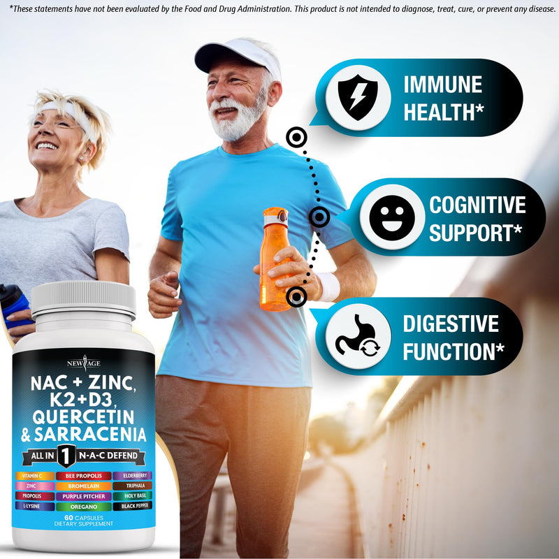 [Australia] - NEW AGE NAC Supplement N-Acetyl Cysteine- with Vitamin D3, K2, Zinc, Quercetin, Triphala, Sarracenia Purpurea, Elderberry, Holy Basil, Bee Propolis, Bromelain, L-Lysine - 120 Count 60 Count (Pack of 2) 