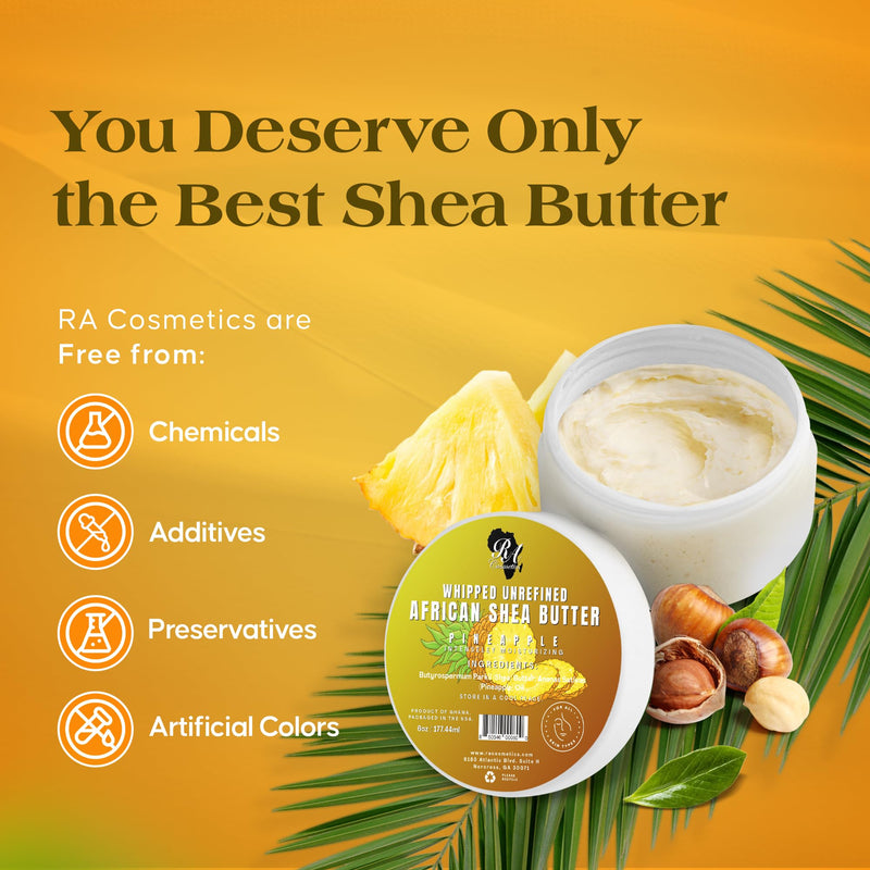 RA COSMETICS Whipped Shea Butter, Pineapple, 6oz | 100% Pure & Natural African Shea Butter, For Men & Women, Ultimate Handcrafted Moisturizer, Essential Vitamins, Radiant Skin 6 Ounce (Pack of 1)