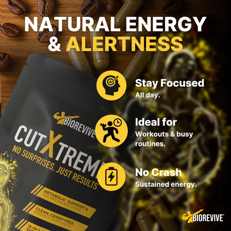BioRevive Cut Xtreme – Vegan 780mg Capsules with L-Carnitine, Green Tea, B Vitamins & Caffeine for Energy, Focus & Wellness Support | Pre-Workout & Daily Performance Supplement 60 count (Pack of 1)
