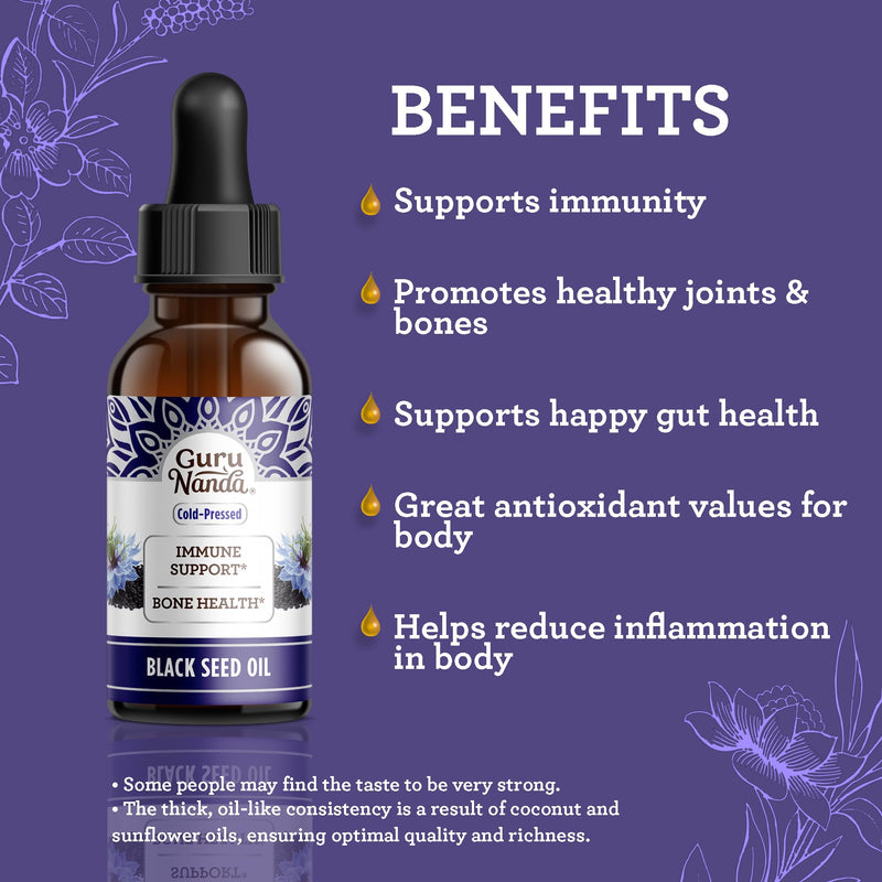 [Australia] - GuruNanda Black Seed Oil, Cold-Pressed Nigella Sativa - Rich in Vitamin D3 5000 Units, K2 & E, High Thymoquinone | Potent Antioxidant for Immune Support, Non-GMO, 2 Fl.oz 