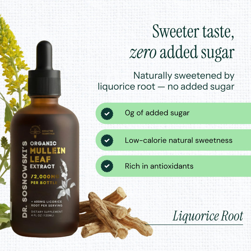 Mullein Drops for Lungs | 4 fl oz Organic Mullein Leaf Extract Liquid | 72,000mg Bottle with Liquorice Root | Flavonoid Support, Saponin Balance | 2 Months Supply 120ml
