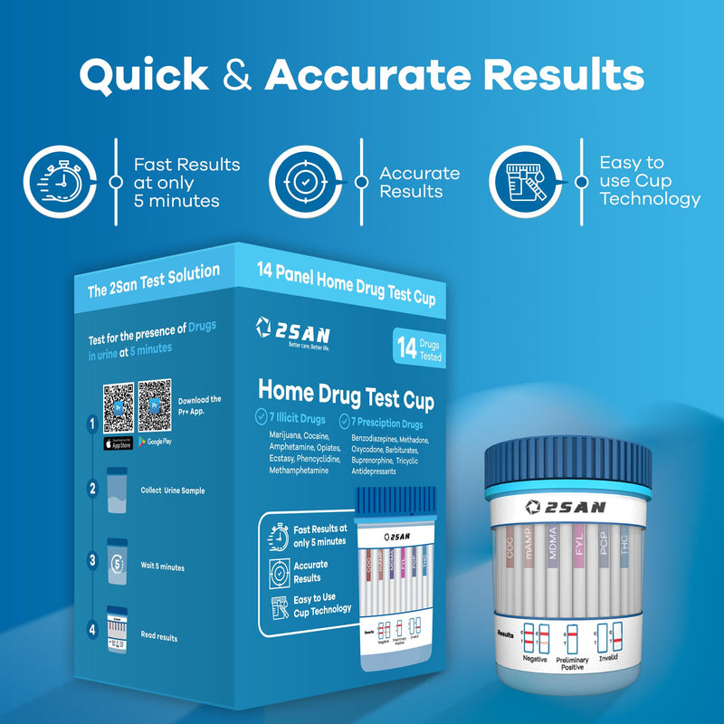 [Australia] - 2San 14-Panel Drug Test Cup – Fast 5-Min Results – Screens for THC Cocaine Meth Opiates PCP MDMA Oxy & More – Accurate at-Home Urine Test Kit 