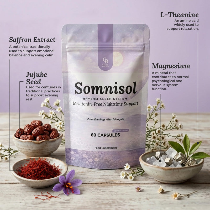 Somnisol Melatonin-Free Nighttime Support – Natural Evening Calm Capsules with L-Theanine, Saffron, Lemon Balm, Reishi & Magnesium – Supports Relaxation & a Smoother Transition into Rest – 60 Capsules