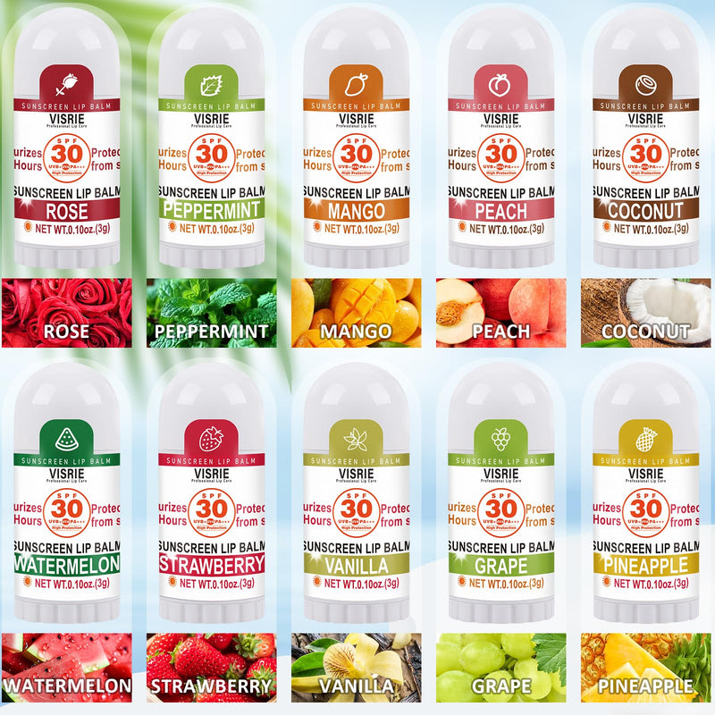 VISRIE SPF 30 Mini Lip Balm 60 Count, 10 Flavors | Broad Spectrum UVA/UVB Lip Sunscreen, Protects Dry Cracked Lips with Vitamin E and Coconut Oil
