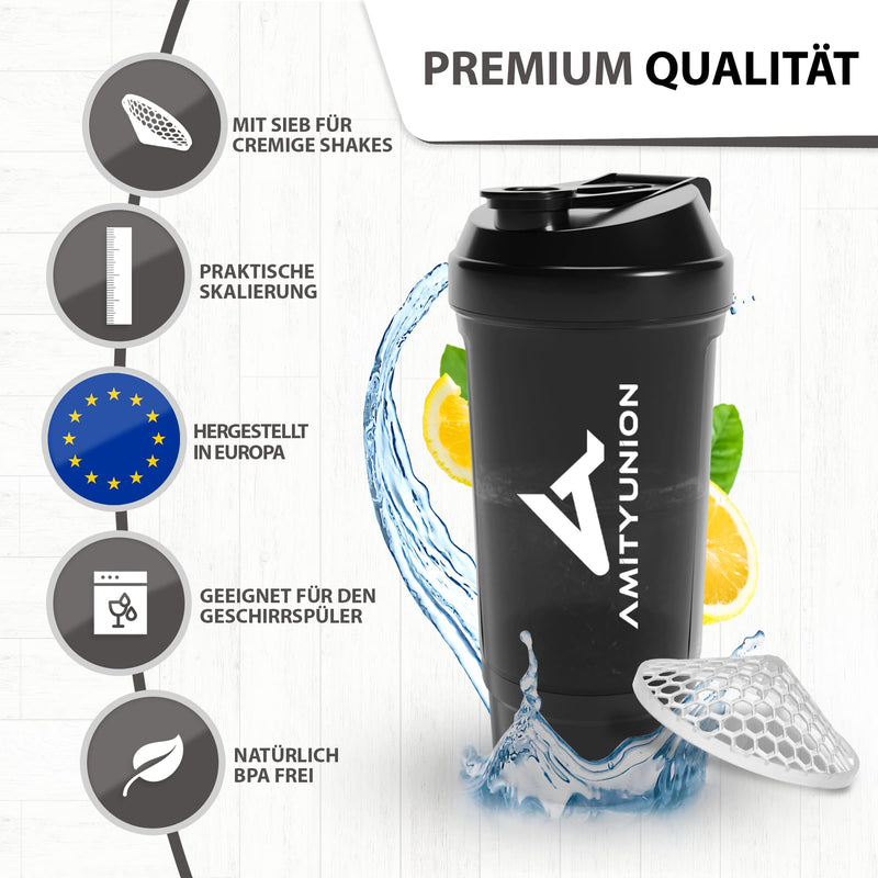 [Australia] - AMITYUNION protein shaker FYRA 700 ml with container - powder compartment - protein shaker, BPA free with sieve and scale for whey and BCCA shakes, gym fitness cup isolate diet sport midnight black 