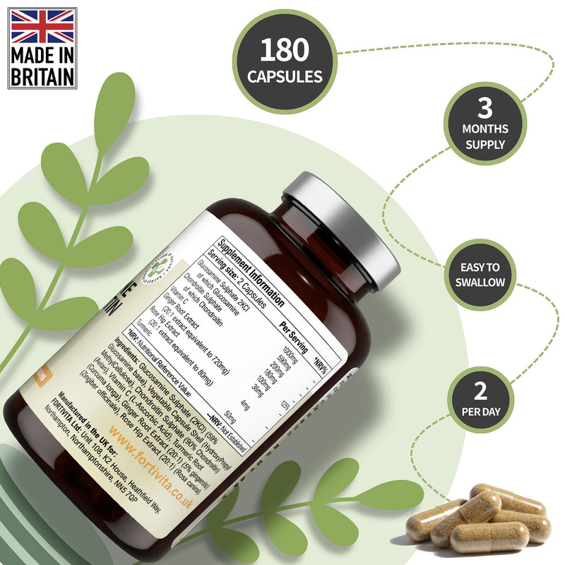Glucosamine & Chondroitin Complex with Vitamin C, Turmeric, Ginger & Rosehip - UK Made, GMO Free, 180 Capsules