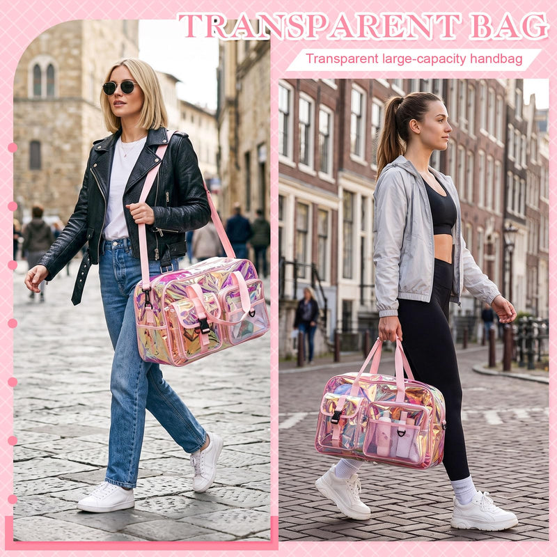 Abbylike Clear Bag Large Heavy Duty Tote for Stadium Events 20" Duffle Transparent Gym Bag for Sport Event Travel Makeup Work Iridesent Pink