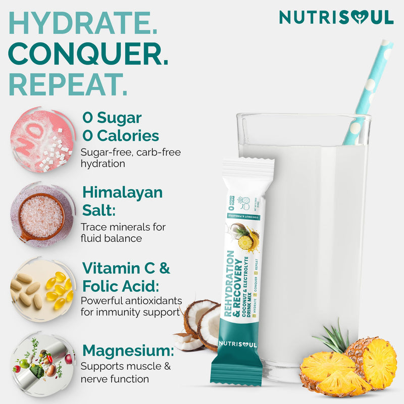 Rapid Rehydration Electrolyte Powder | Pineapple & Coconut Flavour | 30 Sachets | Vitamins C, B1, B3, B5, B9, B12, Magnesium & Himalayn Salt | Zero Sugar | Electrolytes Hydration Drink Mix