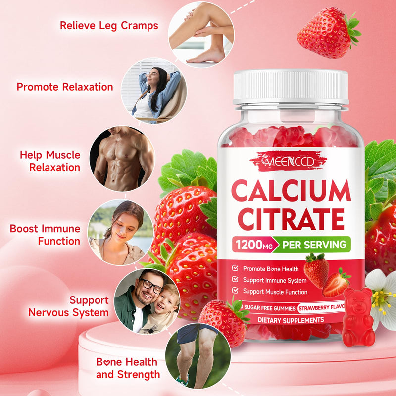 Calcium Citrate Gummies 1200mg - Chewable Calcium Supplement for Women & Men, Supports Bone & Muscle Health, Vegan, Strawberry Flavor, 60 Count