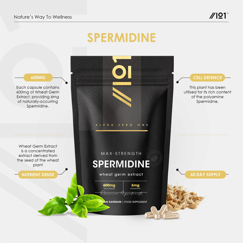 Spermidine Supplements Wheat Germ Extract – 600mg per Capsule - 6mg Spermidine High Strength Supplement – 60 Vegan Capsules (2 Months Supply) By Alpha01