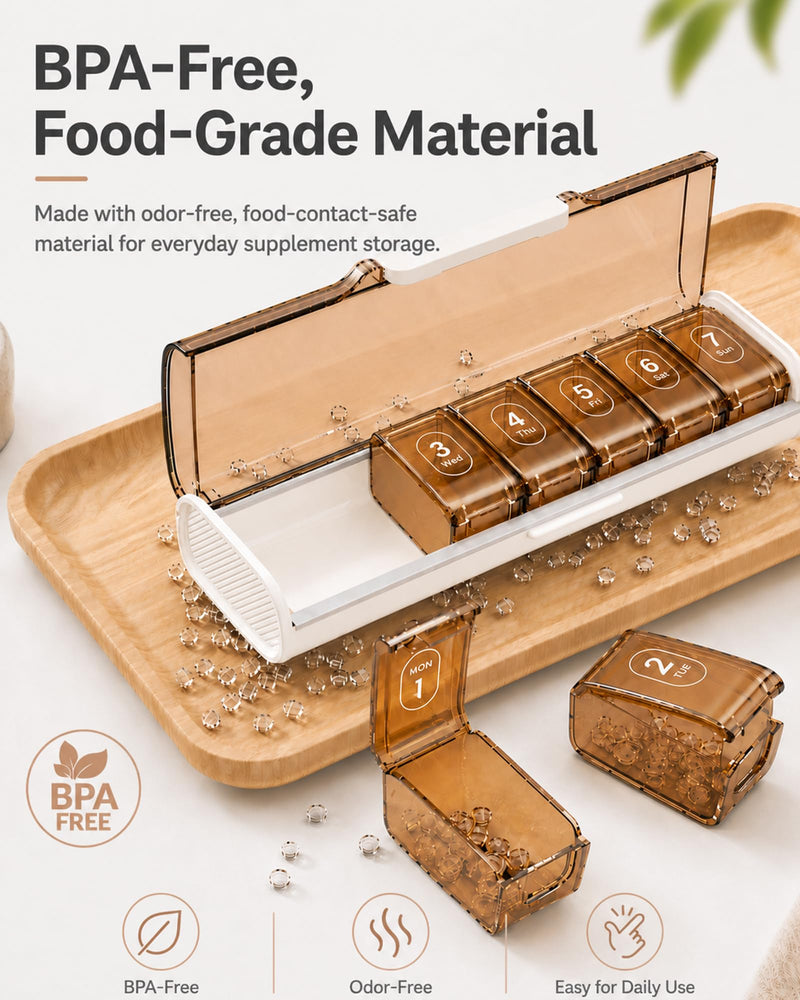 7 Day Pill Organizer, Travel Weekly Pill Box, 7 Removable Daily Cases | Travel-ready vitamin organizer with Easy Open access, BPA-Free, large capacity, Triple Moisture Protection, Brown White.