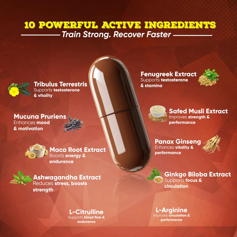 Vitaminnica Testo Booster Capsules - Natural Testosterone Support for Energy, Muscle Growth, Stamina & Vitality- Ashwagandha, Tribulus, & Maca Root- 60 Capsules
