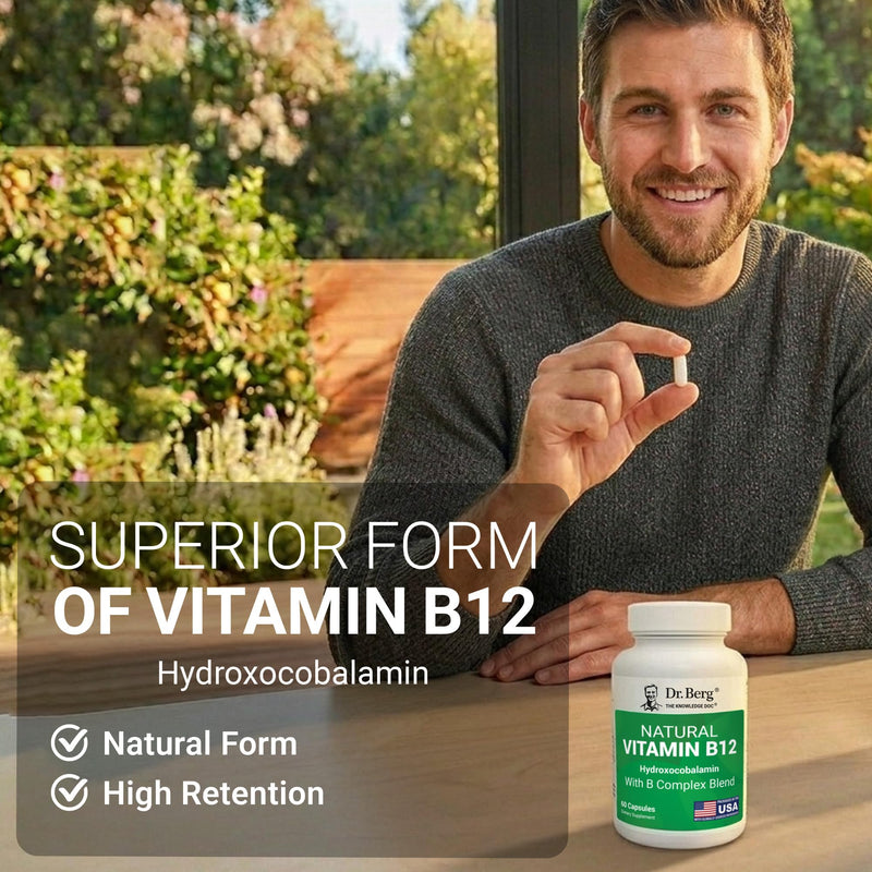 Dr. Berg Natural Vitamin B12 1000 mcg (Hydroxocobalamin) 60 Capsules – Energy, Brain & Nervous System Support* – w/B-Complex + Magnesium – 4X Lab Tested, GMO-Free, No Fillers