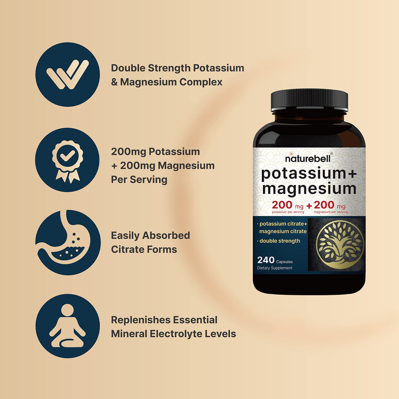 Potassium Magnesium Supplement – Potassium 200*mg + Magnesium 200*mg | 240* Capsules – Easily Absorbed Potassium Citrate & Magnesium Citrate – Muscle, Bone, & Heart Health Support – Non-GMO