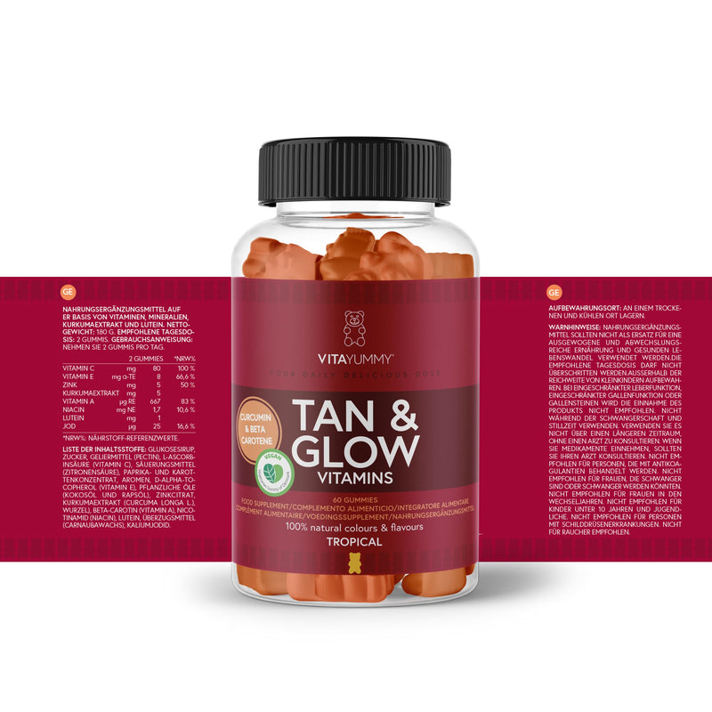 [Australia] - VitaYummy Tan & Glow Vitamin - dietary supplement tan gummy bears with vitamin A, vitamin C and beta-carotene - vegan & without gelatin - 60 vitamin gummy bears with tropical flavor 