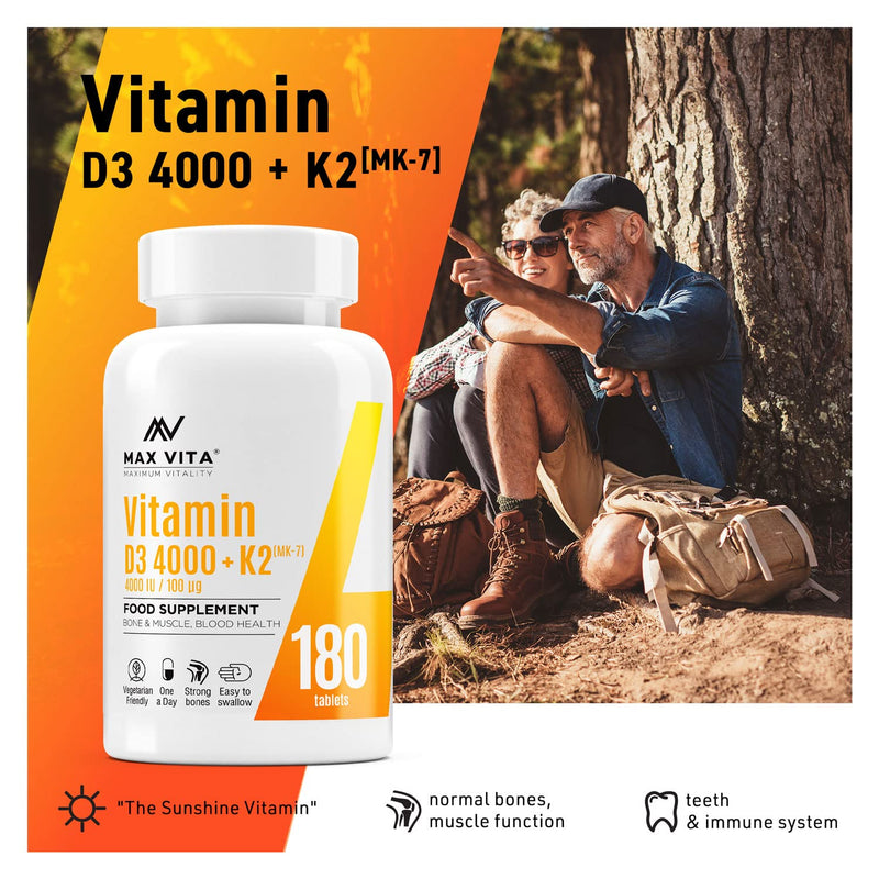Vitamin D3 4000 IU K2 MK-7 100mcg High Strength VIT D3 K2 Menaquinone from Natto Bones Muscle Teeth Blood Calcium Levels Immune System Support 180 Tablets