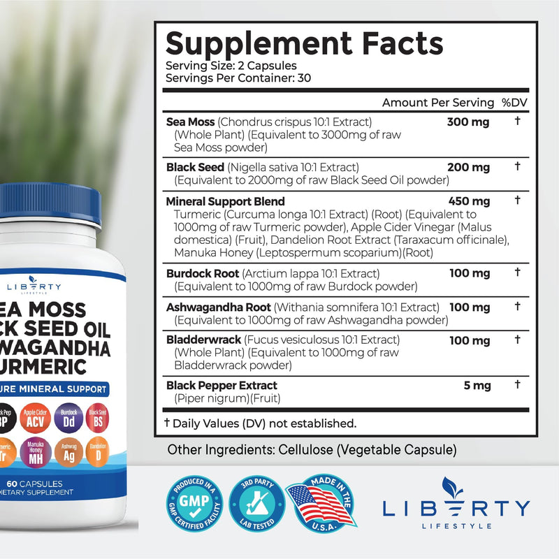 [Australia] - Sea Moss Black Seed Oil Ashwagandha Turmeric Bladderwrack Burdock - with Manuka, Honey Dandelion, ACV Black Pepper Gluten Free - 2-Pack 60 Count (Pack of 2) 