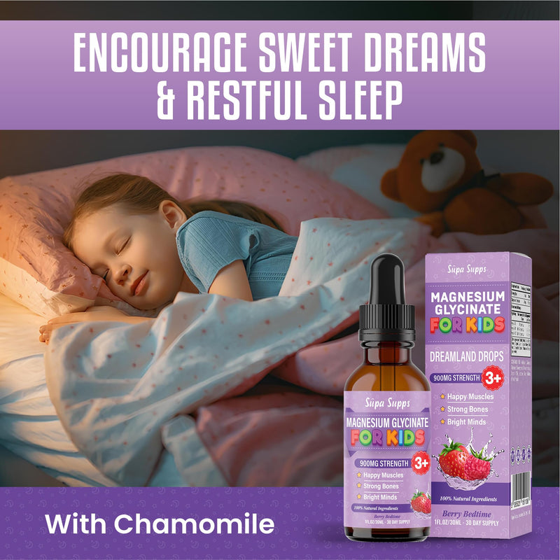Kids Magnesium Glycinate 30ml - Berry Bedtime | Supa Supps Liquid Magnesium Glycinate 3-in-1 Drops Support Relaxation, Calm, Balanced Energy, Focus & Growth | Easy Daily Supplement 1 Months Supply