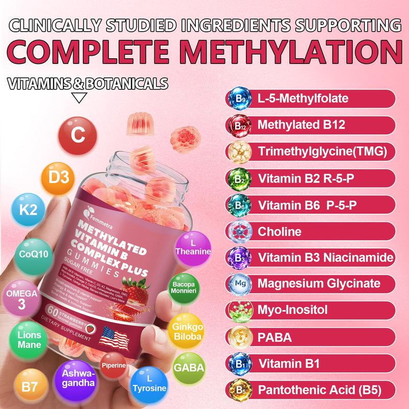 Methylation Support Gummies Sugar Free - Folate 5-MTHF, B12, TMG, B2 & B6 | All B Vitamins B1 B2 B3 B5 B6 B7 B9 B12 + C D3 K2 Magnesium Omega3 CoQ10 L Theanine and more for Women Men, Strawberry 60 Ct 60 Count (Pack of 2)
