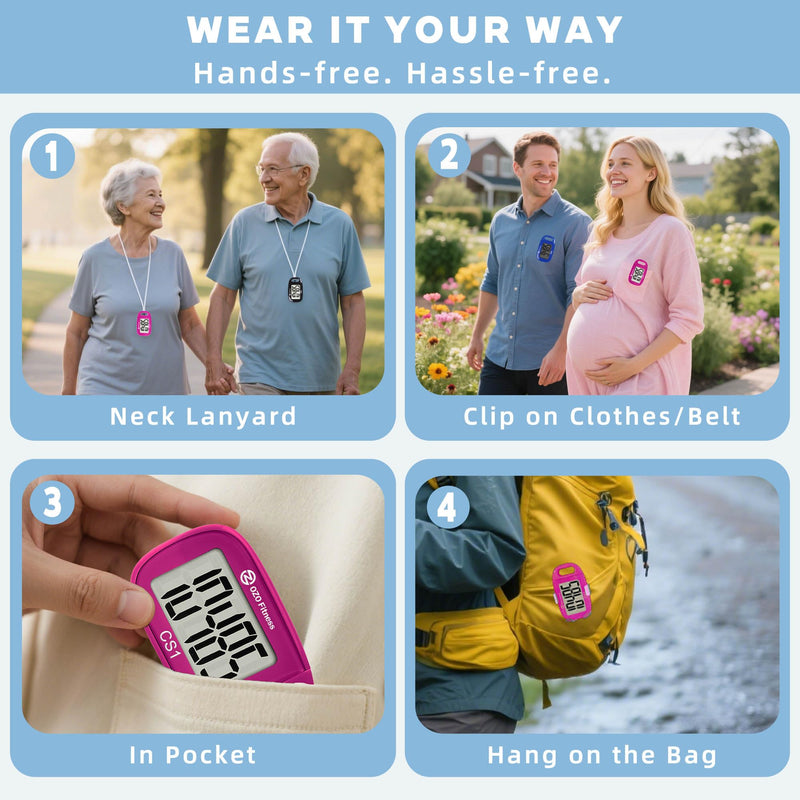 [Australia] - OZO Fitness Clip-on 3D Pedometer for Walking Steps Counter with Lanyard, Simple Exercise Tracker for Women and Seniors with Large Accurate Digital Display, Portable Minimalist Sports Monitor Steps Count Only Pink 