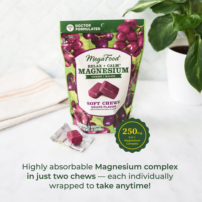 [Australia] - MegaFood Relax + Calm Magnesium Supplement - Soft Chews with Magnesium Citrate & Magnesium Malate for Heart Health, Muscle Tension & More - Vegetarian - Grape-Flavor - 30 Chews per pack (Pack of 1) 30 Count (Pack of 1) 