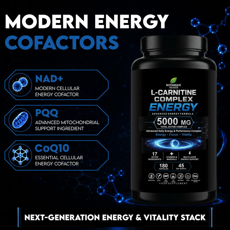 L-Carnitine Complex Energy 5000mg – Advanced Acetyl L-Carnitine Formula with NAD+, PQQ & CoQ10 – Energy & Metabolism Support – 17 Active Ingredients – 180 Vegan Capsules