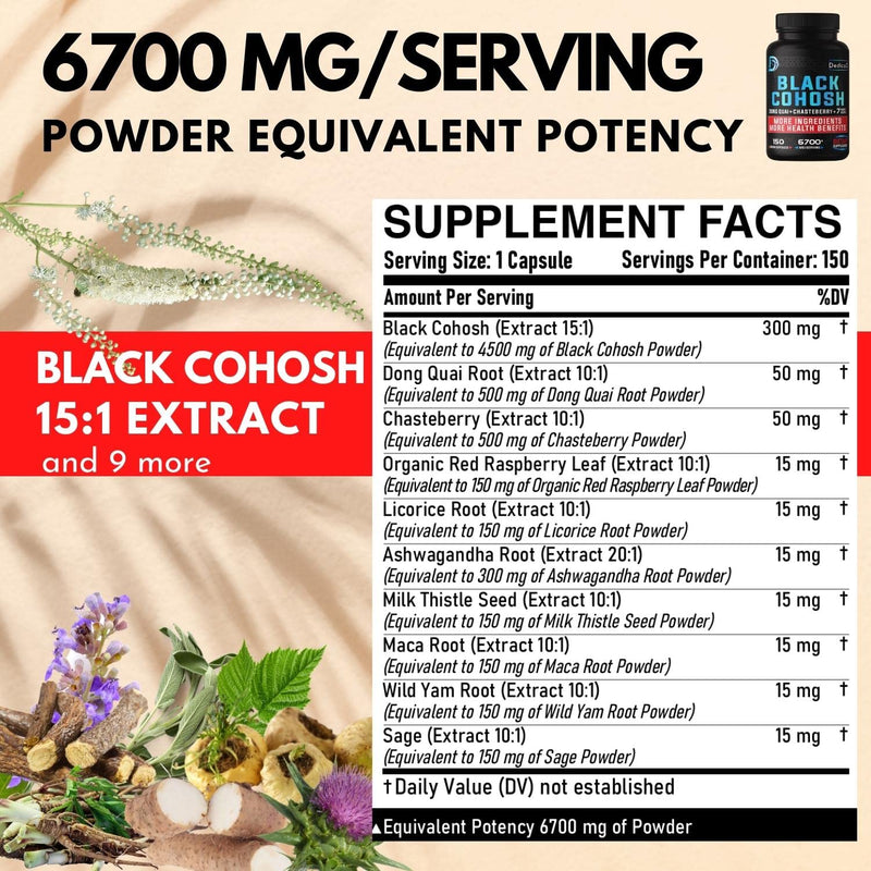 [Australia] - 12in1 Black Cohosh 5-Month Supply for Menopause Support Supplement - 6700mg with Dong Quai, Chasteberry, Red Raspberry, Licorice, Wild Yam & more - Boost Immunity & Balance Mood - 150 Vegan Capsules 150 Count (Pack of 1) 