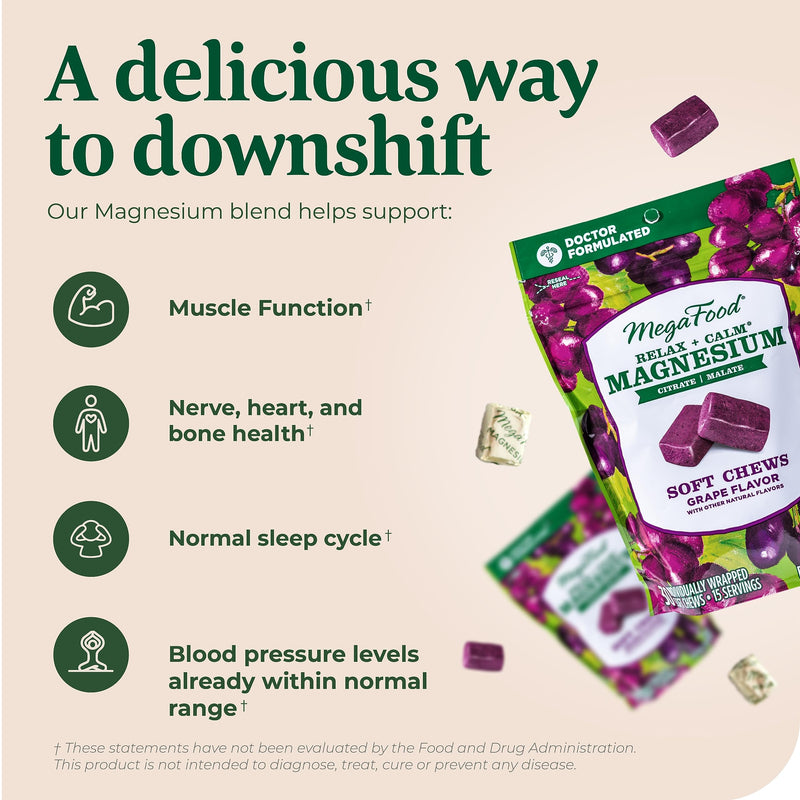 [Australia] - MegaFood Relax + Calm Magnesium Supplement - Soft Chews with Magnesium Citrate & Magnesium Malate for Heart Health, Muscle Tension & More - Vegetarian - Grape-Flavor - 30 Chews per pack (Pack of 1) 30 Count (Pack of 1) 