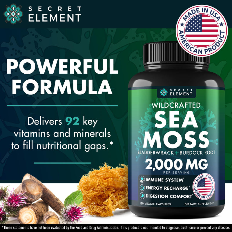 [Australia] - Sea Moss Capsules - Irish Sea Moss Advanced with Burdock Root, Bladderwrack & Muira Puama for Immunity, Gut, & Energy - Superfood Sea Moss Supplements w/Raw Sea Moss Powder - 120 Irish Seamoss Pills 120 Count (Pack of 1) 