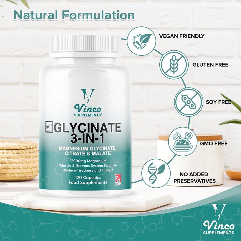 Vinco Magnesium Glycinate 3-in-1 Complex - 2000mg Supplements as Bisglycinate, Citrate & Malate 120 Capsules, Triple High Absorption 420mg Elemental, UK Made