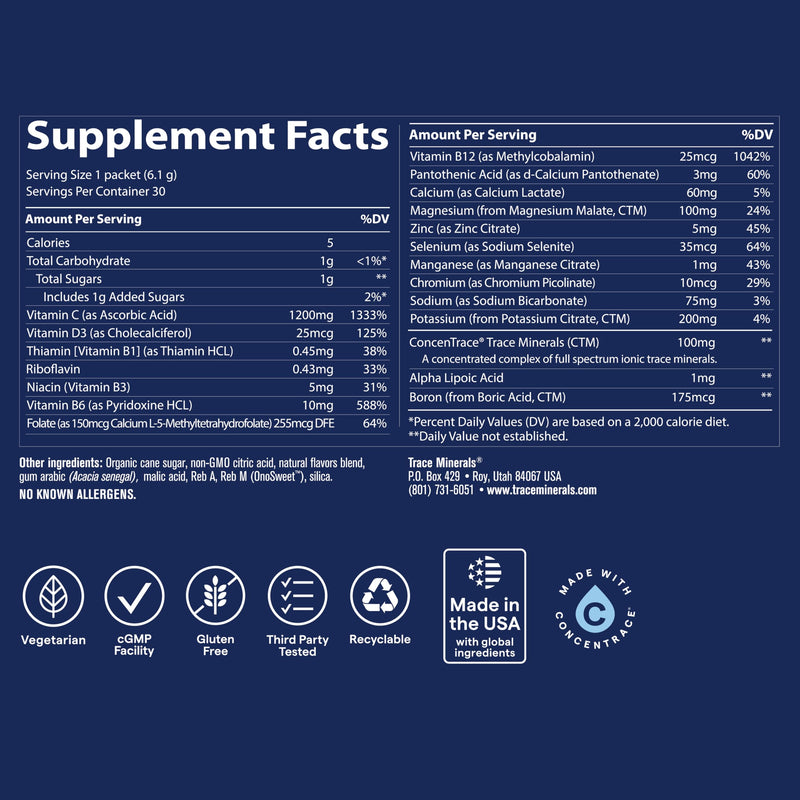 Trace Minerals Power Pak Electrolyte Powder Packets, Lemon Lime, 30 Ct | 1,200 mg Vitamin C plus Zinc, Immunity and endurance support, Sugar free, No artificial dyes, Keto friendly 5.2 Ounce (Pack of 1)