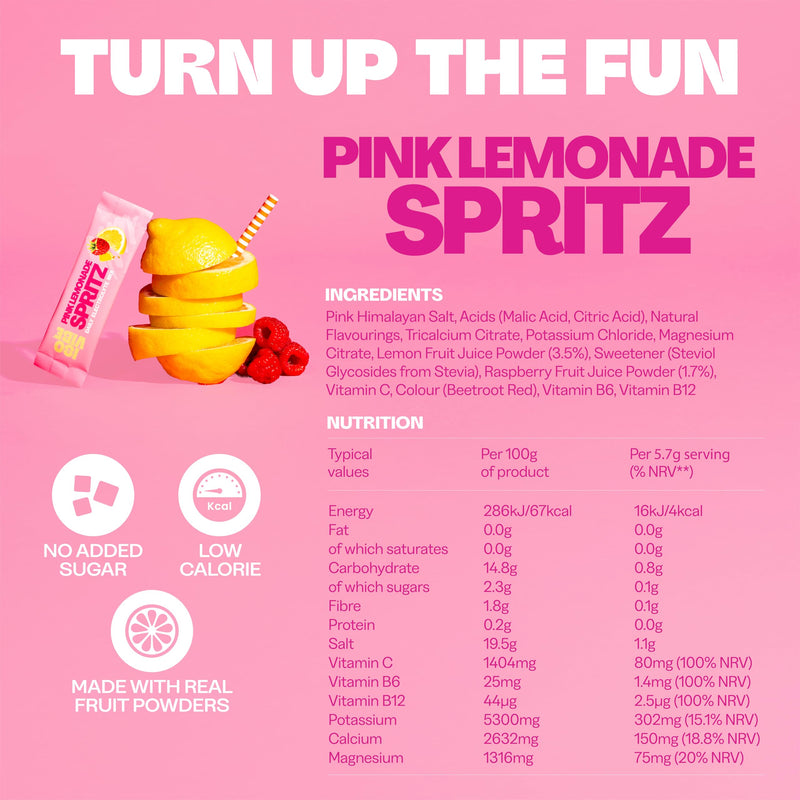Electrolyte Sachets Pink Lemonade Spritz - Hydration Powder with Vitamin C, B6 & B12 | No Added Sugar, Immune Support, Energy Boost | 30 Single-Serve Sachets for Daily, Workout & Travel 30 Sachets
