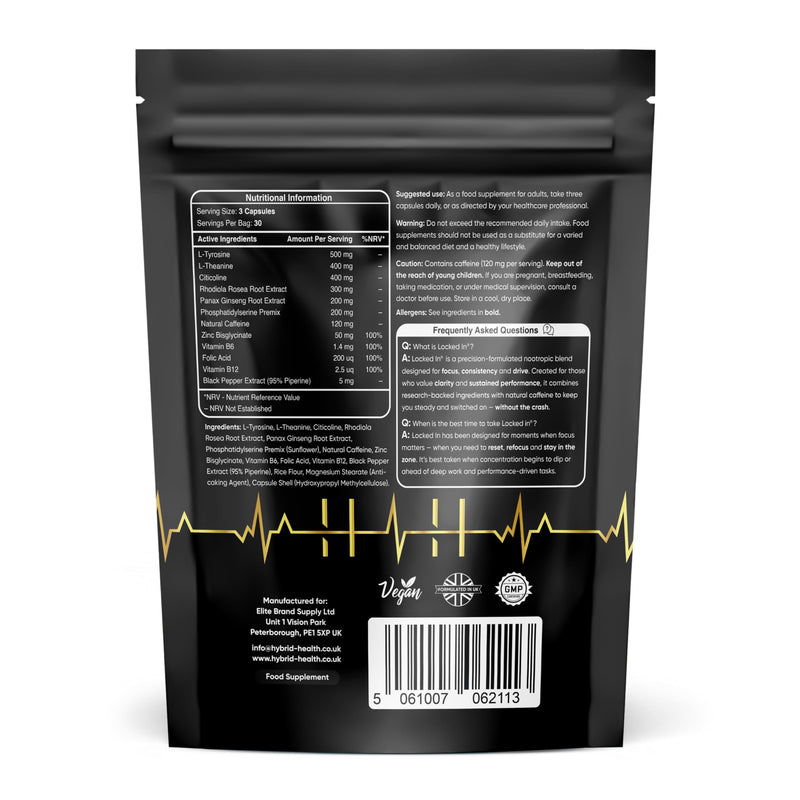 Locked in® Nootropics Brain Supplement - 90 Vegan Capsules, Supporting Focus, Cognitive Function & Energy, 12-in-1 Brain Boosting Formula with Rhodiola Rosea, Panax Ginseng, Citicoline & L Tyrosine