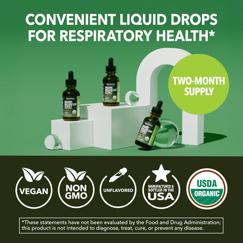 [Australia] - Mullein Drops for Lungs - USDA Organic Mullein Leaf Extract - Respiratory Health and Lung Support Supplement - 2 Fl Oz - Vegan, Non-GMO, and Alcohol Free Formula - Herbal Tincture - 2 Month Supply 