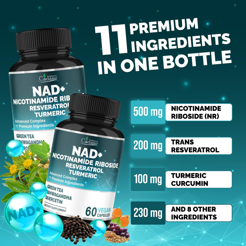 Organic Cadane 11-in-1 Nicotinamide Riboside Supplement with Trans-Resveratrol, Turmeric Curcumin & 8 More | Cellular Wellness Support | Vegan, Non-GMO – 60 Capsules for 30 Days