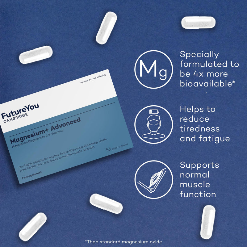 FutureYou Magnesium+ Advanced (56 Capsules). Magnesium Glycinate with B Vitamins for Energy & Bone Health. High Strength Magnesium Supplements for Women & Men - Genuine FutureYou Cambridge Supplements