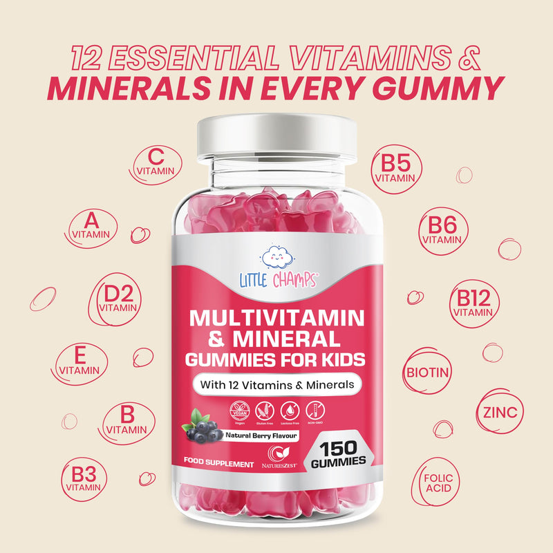 Kids Multivitamin & Mineral Gummies | 150 Chewables Gummies with 12 Essential Vitamins & Minerals | Childrens Multivitamins for Immune Support, Energy & Brain Health | Vegan | Natural Berry Flavour