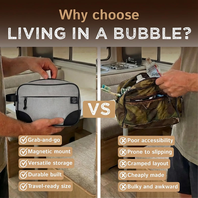 Living in a Bubble Premium Magnetic Bag. Durable Cordura Fabric Travel-Ready Toiletry Pouch for Camping, Traveling, Hiking, Family Trip (Gray) Gray