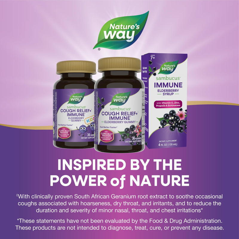 Nature's Way Sambucus Cough Relief +(1) Immune* Elderberry Gummy, 36 ct | Gummy with Clinically Proven South African Geranium Root Extract(1), Elderberry Extract, Vitamin C & Zinc 36 Count