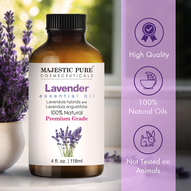 [Australia] - MAJESTIC PURE Lavender Essential Oil - Huge 4 fl oz with Glass Dropper | 100% Pure and Natural Lavender Oil | Premium Grade Essential Oils for Diffusers, Skin, Aromatherapy, Massage 4 Fl Oz (Pack of 1) 