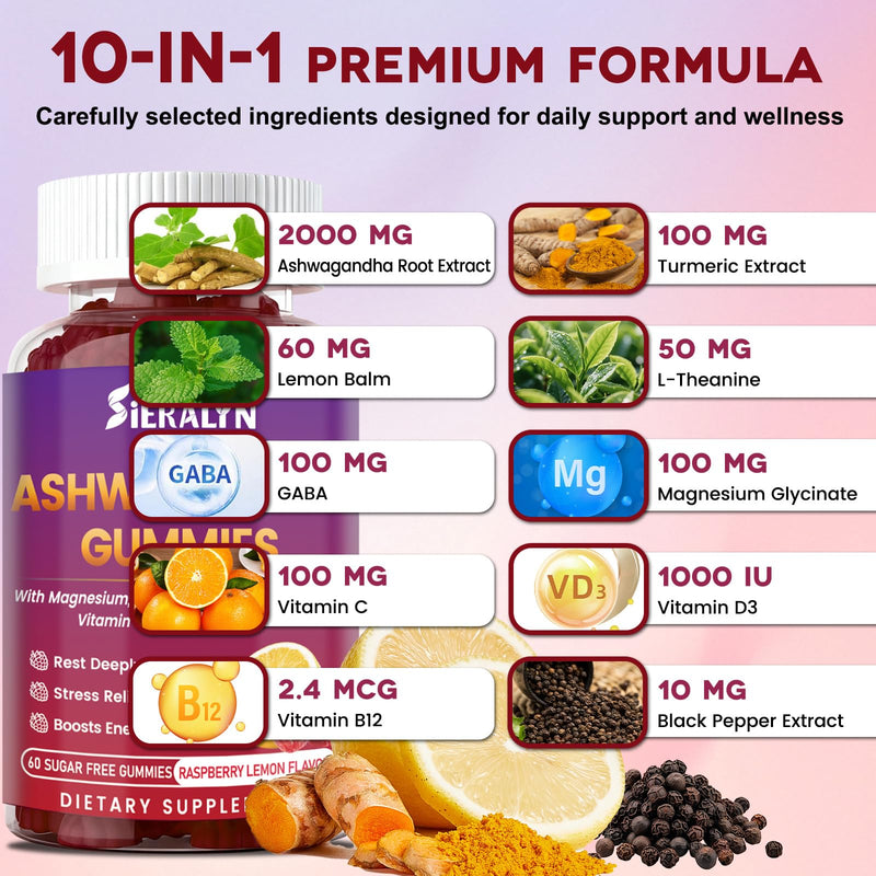 Ashwagandha Gummies Supplements 2000mg for Women Men, Vegan, Sugar-Free | Organic Ashwagandha Root Extract with D3, L-Theanine for Calm & Relax, Non-GMO, Gluten Free, 120 Count, 60-Day Supply 60 Count (Pack of 2)