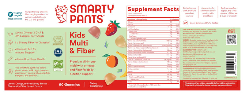 SmartyPants Kids Multivitamin Gummies and Fiber Supplement: Vitamin D3, C, Vitamin B12, B6, A, Zinc, Biotin, Inositol, Fiber Gummies, Three Fruit Flavors, 90 Count (22 Day Supply) 90 Count (Pack of 1) Fiber - 22 Day Supply