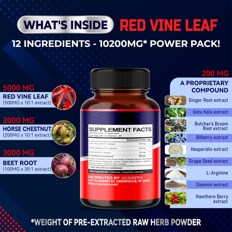 [Australia] - Red Vine Leaf Supplement with Horse Chestnut, Beetroot, Ginger - Natural Support for Vein Strength and Circulation Wellness- Made in The USA (90 Count (Pack of 1)) 90 Count (Pack of 1) 